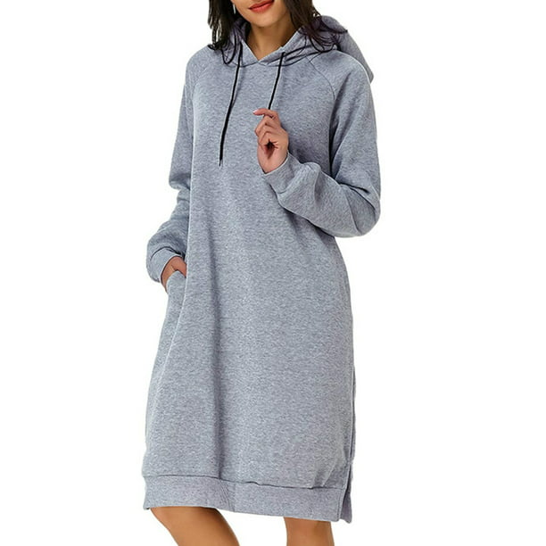 Long Sleeve Pullover Hoodie with Kangaroo Pocket Women’s Hoodie Long Dresses with Poly Lining 